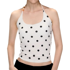 Weißes Polka-Dot Halter-Yoga-Top mit Perlenriemen und quadratischem Ausschnitt