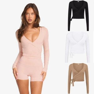 Cardigan da yoga slim con scollo a V incrociato in rosa, nero, bianco e marrone