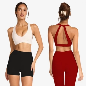 Women's yoga set with V-neck sports bra and high-waist shorts in multi-angle view