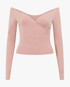 Detail of cross-front long sleeve yoga top with padded cups in dusty rose pink color
