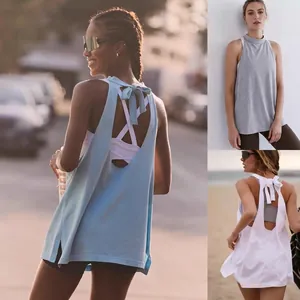 Women Sexy Open Back Yoga Tank Top Loose Sleeveless Cotton Blend Workout Shirt Strappy Backless Gym Sports Cover Up Activewear Top
