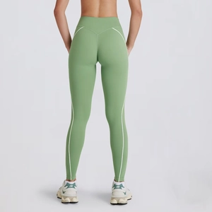Rear view of high-waisted sage green yoga pants with white side stripe and lifting effect
