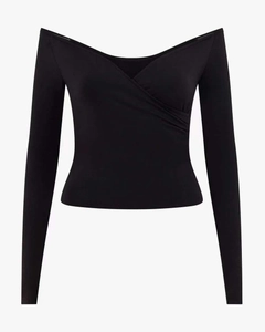Detail of black off-the-shoulder yoga top with crossover V-neck and ruched waist detail