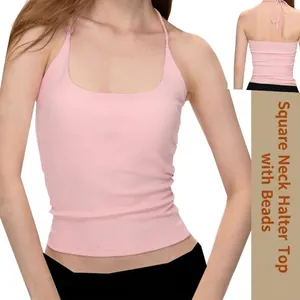 Rosa Yoga-Oberteil mit quadratischem Ausschnitt und Perlen-Neckholder für Fitness