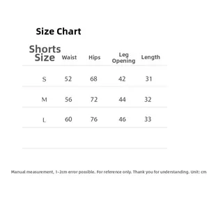 Size chart for yoga shorts showing waist, hip, and length measurements in centimeters