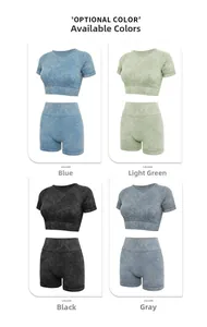 Grille détaillée d'ensembles de yoga sans couture délavés en bleu, vert, noir et gris