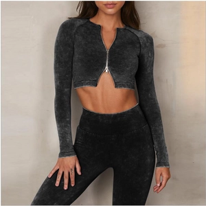 Nahtloses Yoga-Set für Damen in Denim-Optik mit langärmeligem Oberteil und hoher Leggings