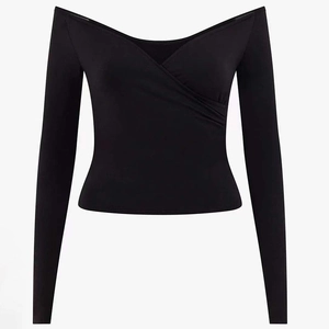 Slim fit black long sleeve wrap-style yoga top with off-shoulder neck design for women