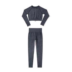 Flachbild-Yoga-Set aus nahtlosem Acid Wash mit Langarm-Oberteil und hoher Taillen-Leggings