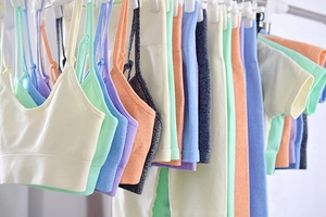 Close-up of seamless high waist yoga shorts in pastel macaron colors with ribbed details