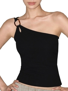 Débardeur de Yoga Asymétrique pour Femmes Coupe Ajustée Maille Côtelée Avec Boucle Décorative pour Fitness Course Quotidien