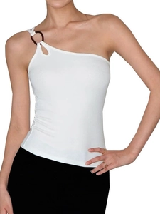 Haut de yoga blanc à une épaule avec boucle décorative marron pour le fitness et sport
