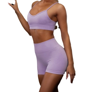 Lavender purple seamless high waist yoga shorts and sports bra set for fitness training