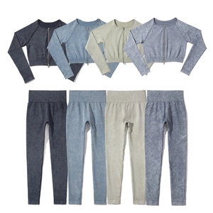 Nahtloses Acid-Wash-Yoga-Set mit langärmligem Crop-Top und Leggings mit hohem Bund