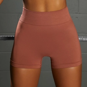 Seamless rust red high-waisted yoga shorts with ribbed texture for fitness workout