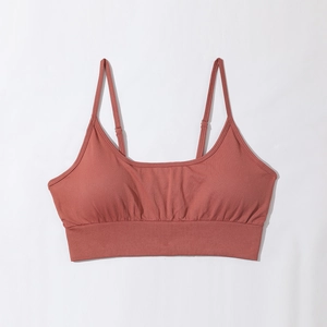 Detailed view of rust-red seamless sports bra with adjustable straps and ribbed band