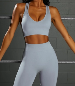 Detail of high-waist ribbed yoga leggings and v-neck sports bra set in light blue