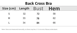 Detailed size chart for the seamless yoga sports bra showing S, M, and L dimensions in cm