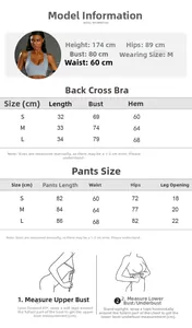 Size chart for seamless yoga set showing cross back bra and legging measurements