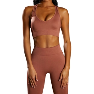 Women's two-piece seamless yoga set in brick red with high waist leggings and sports bra