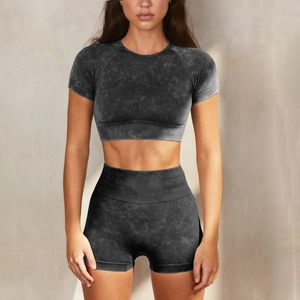 Ensemble de Yoga Sans Couture pour Femmes Vêtements de Sport Lavage à l'Acide Haut Et Bas Tenues d'Entraînement Crop Top à Manches Courtes Short à Taille Haute