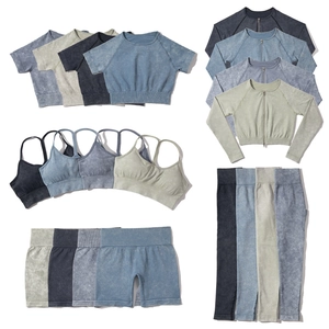 Completo yoga 5 pezzi senza cuciture effetto acido con legging e giacca con zip