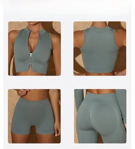 Détails de l'ensemble de yoga sans couture avec haut zippé et short de fitness taille haute