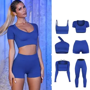 Set yoga senza cuciture da 6 pezzi blu scuro con pantaloncini a vita alta e maglie