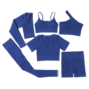 Set yoga 6 pezzi senza cuciture blu reale con leggings, pantaloncini e top a costine