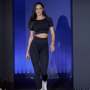 Women Seamless Yoga Outfit Top And Bottom Wave Pattern Short Sleeve High Waist Gym Leggings Sportswear Nylon Spandex Activewear