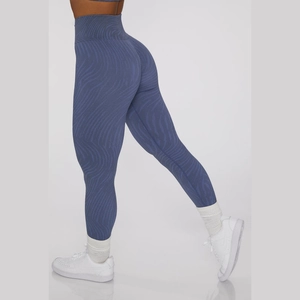Women's high waist seamless yoga leggings with dark blue wave pattern and lifting effect