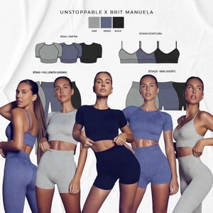 Women's seamless ribbed yoga set featuring top, sports bra and high-waisted shorts in three colors