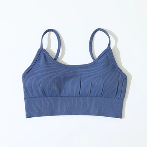 Detail of dark blue ribbed yoga bra featuring textured patterns and thin shoulder straps