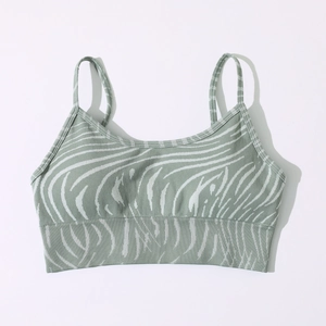 Detail of light green zebra pattern on seamless knitted yoga sports bra with thin straps