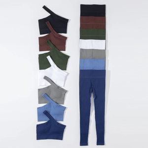Ensemble de Yoga Sans Couture à Nervures pour Femmes Soutien-Gorge de Sport à Une Épaule Et Leggings Taille Haute Fitness Haut Et Pantalon