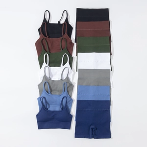 Top Et Bottom De Yoga Nervuré Sans Couture Pour Femmes Shorts De Fitness Taille Haute Soutien-Gorge Camisole Moulant Vêtements De Sport