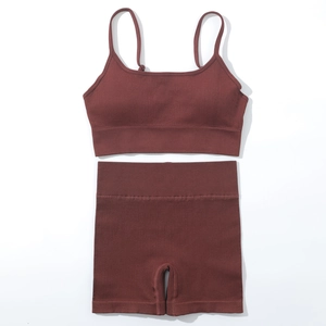 Détail d'un ensemble crop top et short de sport côtelé sans couture rouge rouille