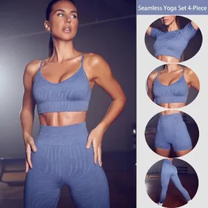 Women Seamless Yoga Workout Set Wave Textured Jacquard Sports Bra Crop Top High Waist Leggings Shorts Gym Activewear