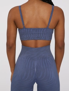 U-shaped back detail of seamless knit sports bra and high-waisted shorts set in navy