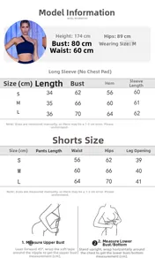 Size guide for seamless knit yoga set featuring detailed sleeve and short measurements