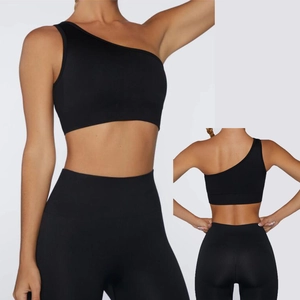 Set yoga nero con reggiseno monospalla e leggings a vita alta senza cuciture
