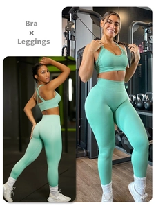 Detail of mint green seamless yoga set with V-neck sports bra and high waist leggings