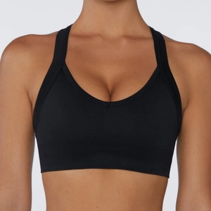 Close-up of black seamless sports bra with U-neck design and high-elastic fabric