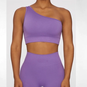 Completo fitness viola con reggiseno monospalla e leggings yoga a costine a vita alta