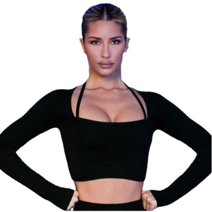 Schwarzes nahtloses Crop-Top für Damen mit Karree-Ausschnitt und Neckholder-Detail