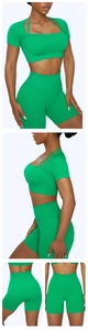 Détail de l'ensemble de yoga vert clair avec haut court sans couture et short taille haute