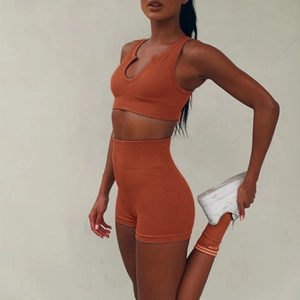 Terracotta ribbed knit two-piece yoga set with U-neck sports bra and high waist shorts