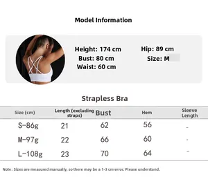 Size guide for backless yoga bra detailing measurements for S, M, and L sizes