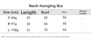 Size chart for backless halter yoga bra showing S, M, and L measurements in centimeters