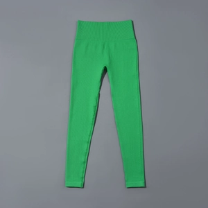 Leggings de yoga vert vif à côtes avec taille haute et détails de texture sans couture